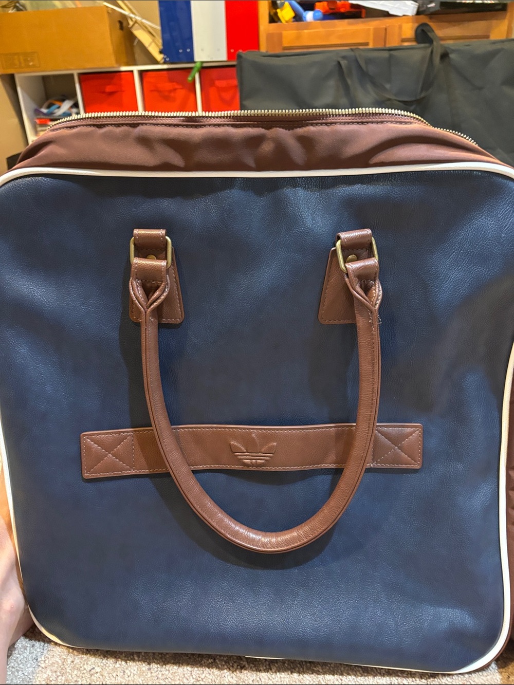 adidas leather navy Duffel Bag with Pink Logo and Brown Handles - Picture 5 of 7